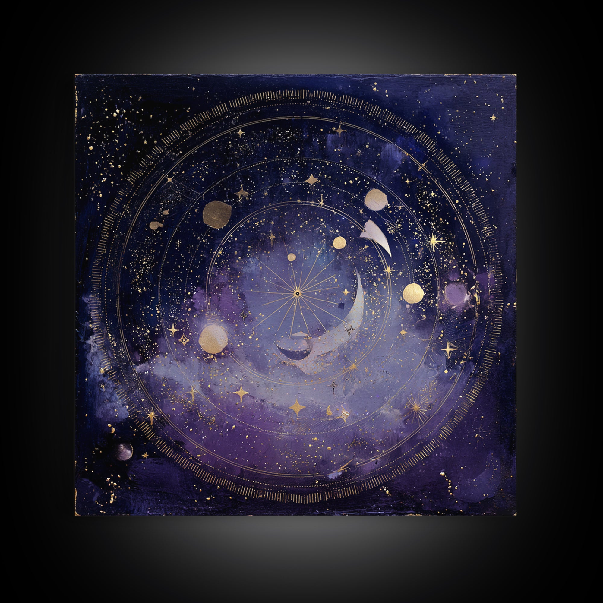 Celestial Moon and Stars Artwork Framed Canvas Print, Wall Art, Gallery Decor, Living Room Decor, Fine Art, Home Decor, WAL-1x1-38