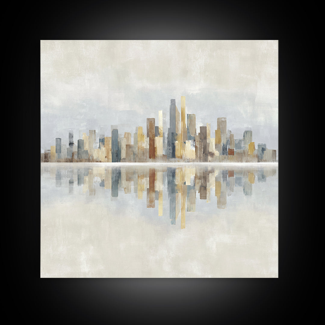 Urban Skyline in Muted Evening Color Framed Canvas Print, Wall Art, Wood Wall Art, Living Room Decor, Fine Art, WAL-1x1-42