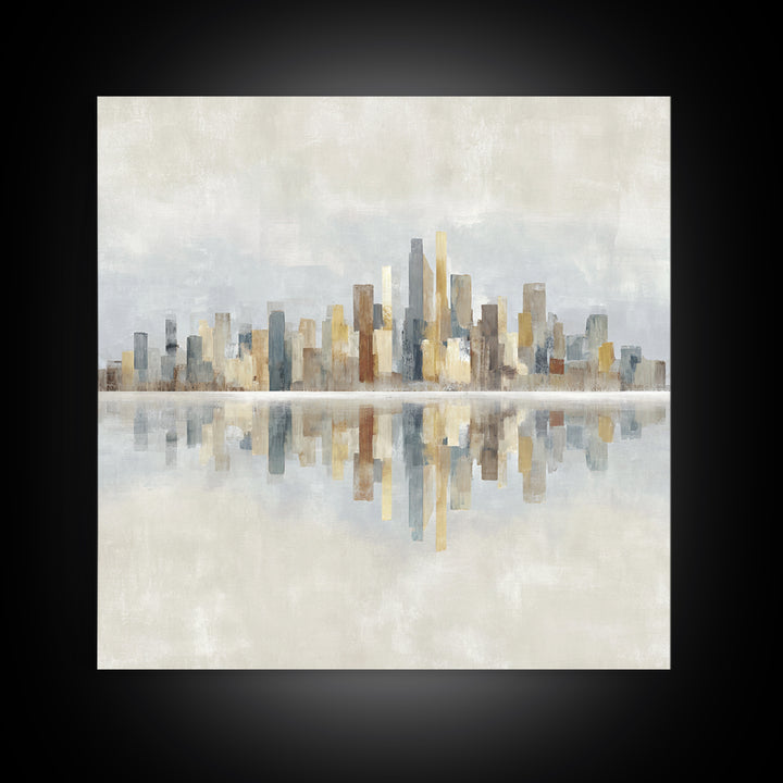 Urban Skyline in Muted Evening Color Framed Canvas Print, Wall Art, Wood Wall Art, Living Room Decor, Fine Art, WAL-1x1-42