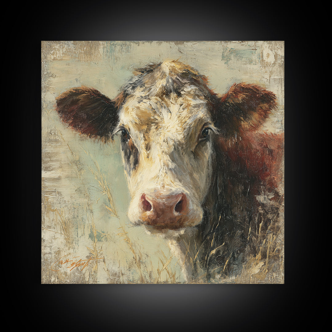 Rustic Farmhouse Cow Portrait Framed Canvas Print, Wall Art, Framed Wall Art, Living Room Decor, Fine Art, Fine Art Print, WAL-1x1-43