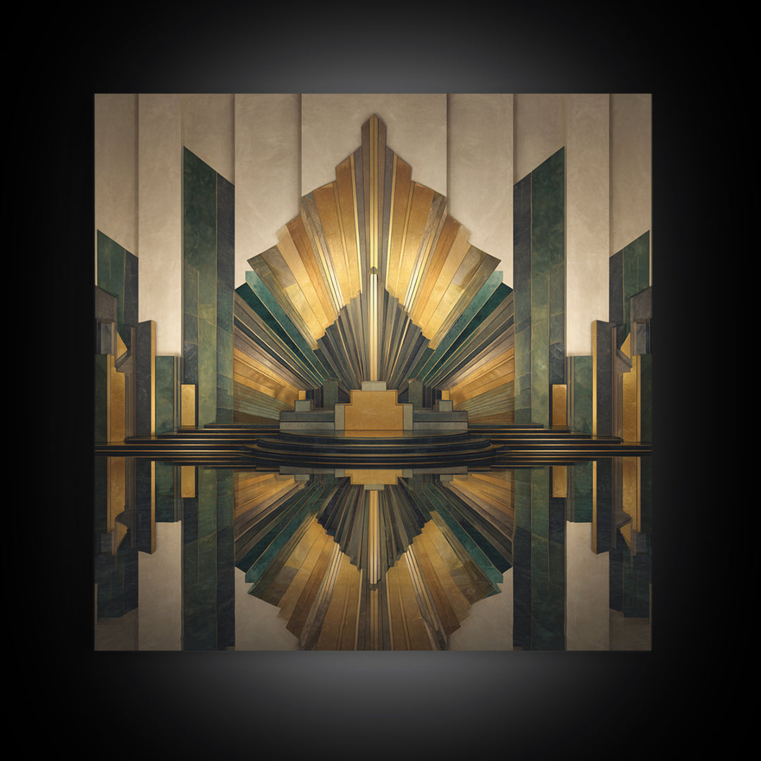 Art Deco Gold Fan Pattern Framed Canvas Print, Wall Art, Wall Art Prints, Living Room Decor, Fine Art, Abstract Art, WAL-1x1-44