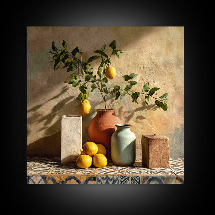 Mediterranean Lemon Branch Still Life Framed Canvas Print, Wall Art, Prints Wall Art, Living Room Decor, Oil Painting, WAL-1x1-46