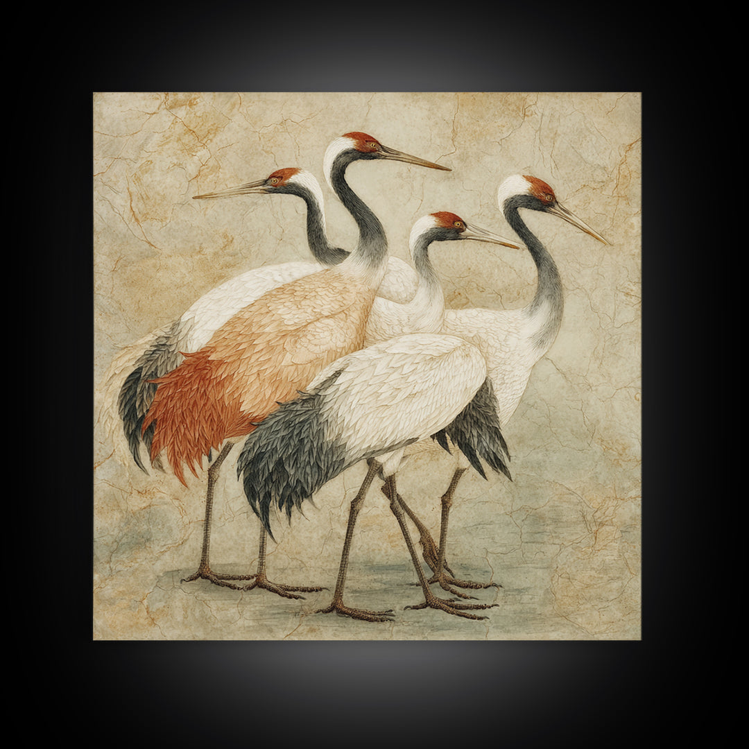 Monochrome Ink Crane Composition Framed Canvas Print, Wall Art, Art, Living Room Decor, Fine Art, Wall Clock, WAL-1x1-48