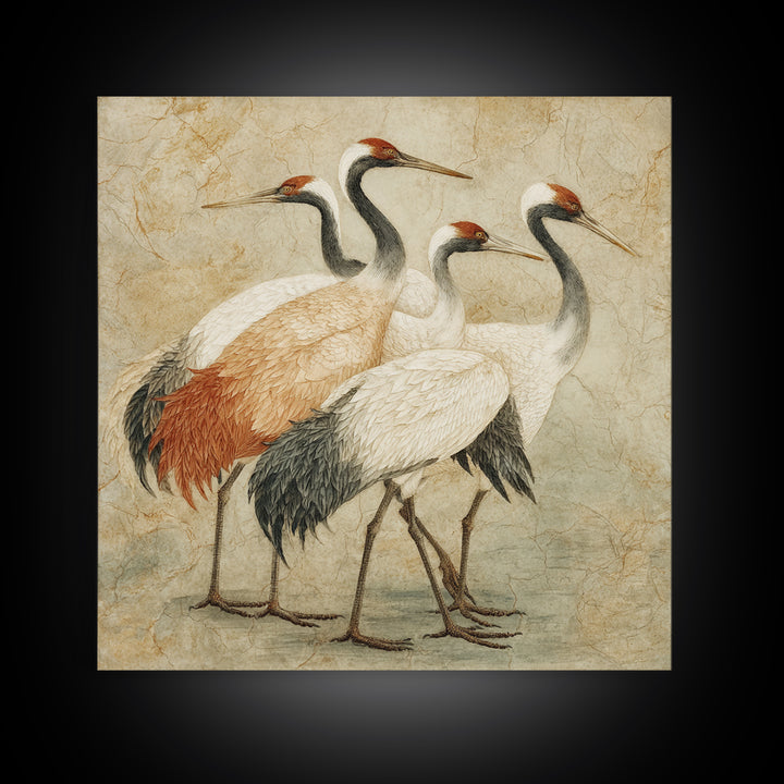 Monochrome Ink Crane Composition Framed Canvas Print, Wall Art, Art, Living Room Decor, Fine Art, Wall Clock, WAL-1x1-48