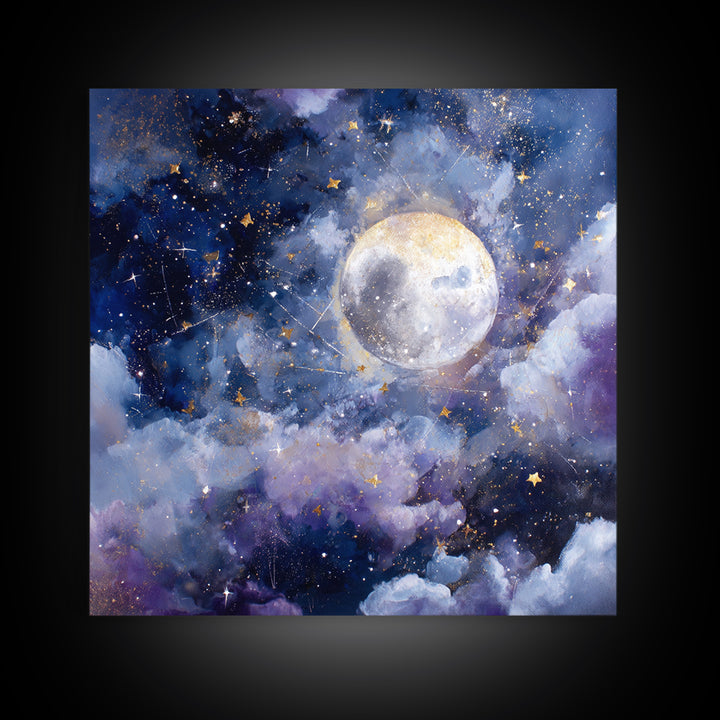 Celestial Moon and Stars Artwork Framed Canvas Print, Wall Art, Gallery Decor, Living Room Decor, Fine Art, Home Decor, WAL-1x1-62
