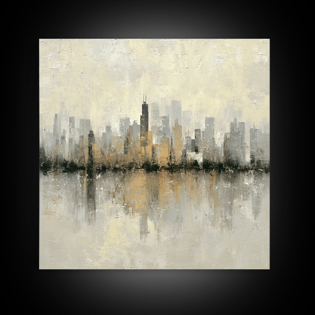 Urban Skyline in Muted Evening Color Framed Canvas Print, Wall Art, Wood Wall Art, Living Room Decor, Fine Art, WAL-1x1-66