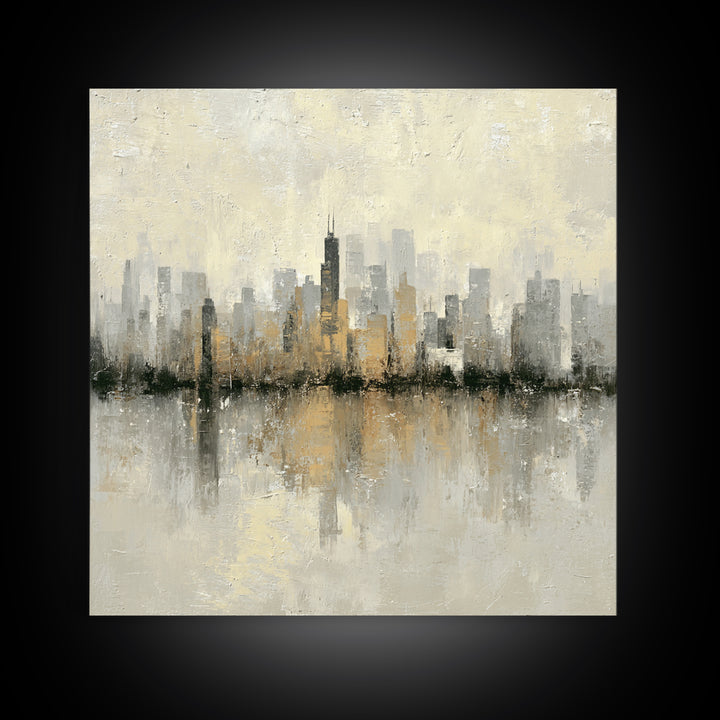Urban Skyline in Muted Evening Color Framed Canvas Print, Wall Art, Wood Wall Art, Living Room Decor, Fine Art, WAL-1x1-66