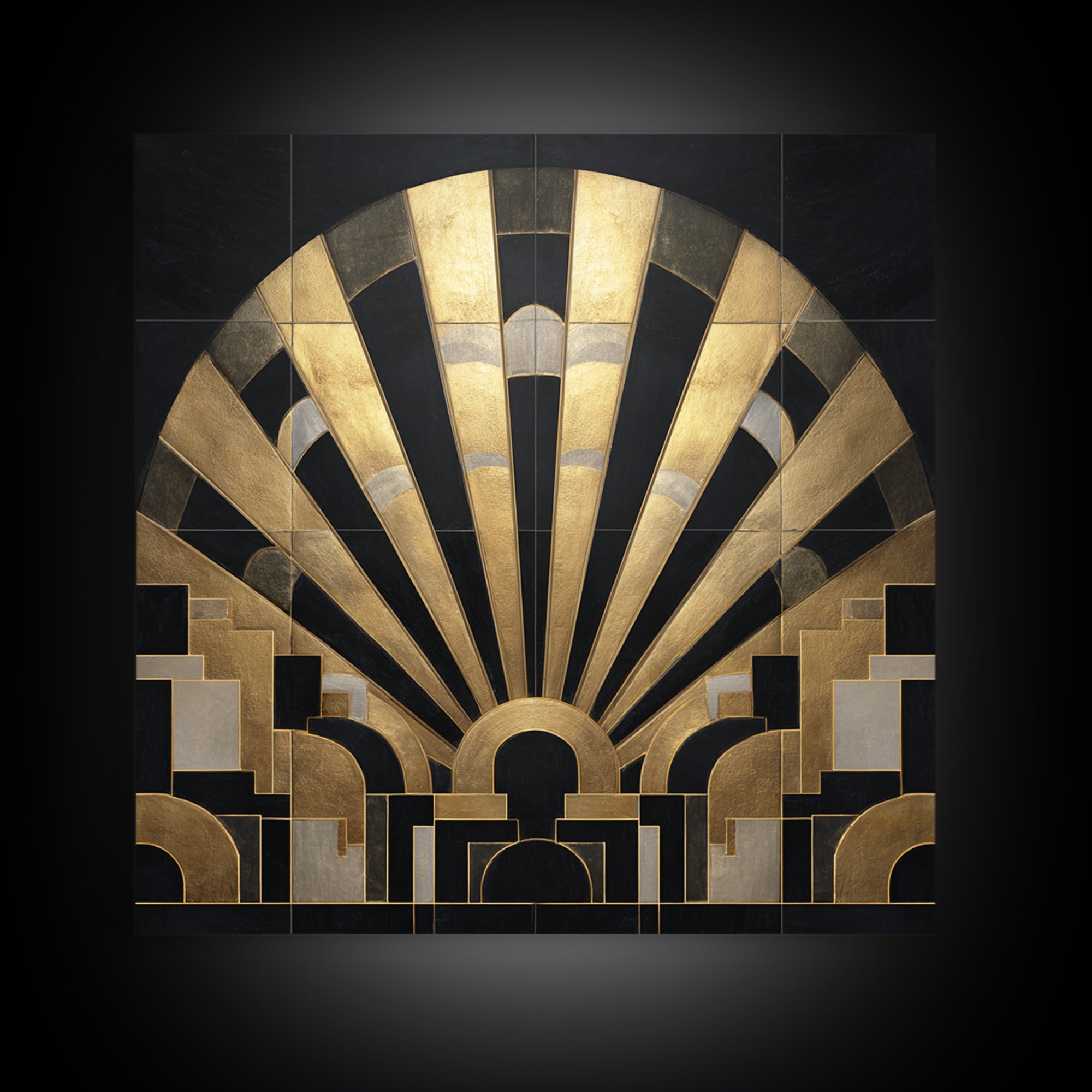 Art Deco Gold Fan Pattern Framed Canvas Print, Wall Art, Canvas Wall Art, Living Room Decor, Fine Art, Statement Artwork, WAL-1x1-68