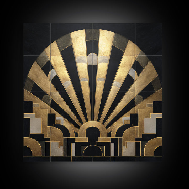 Art Deco Gold Fan Pattern Framed Canvas Print, Wall Art, Canvas Wall Art, Living Room Decor, Fine Art, Statement Artwork, WAL-1x1-68