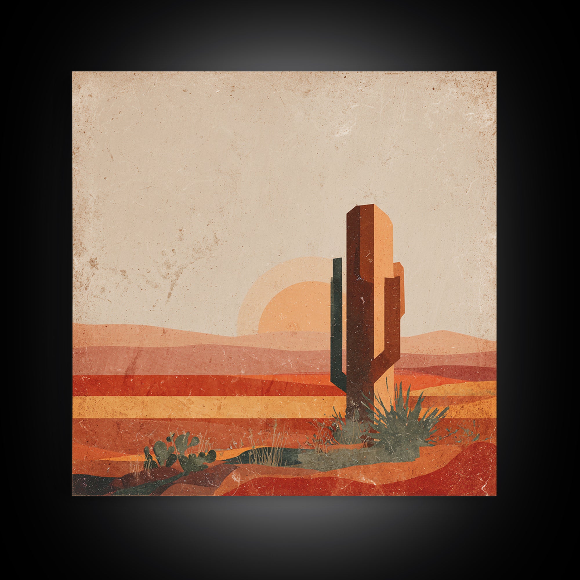 Desert Landscape in Warm Terracotta Tones Framed Canvas Print, Wall Art, Metal Wall Art, Living Room Decor, Oil Painting, WAL-1x1-7
