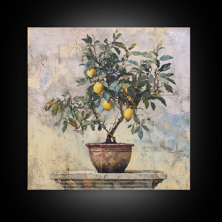 Mediterranean Lemon Branch Still Life Framed Canvas Print, Wall Art, Prints Wall Art, Living Room Decor, Oil Painting, WAL-1x1-70