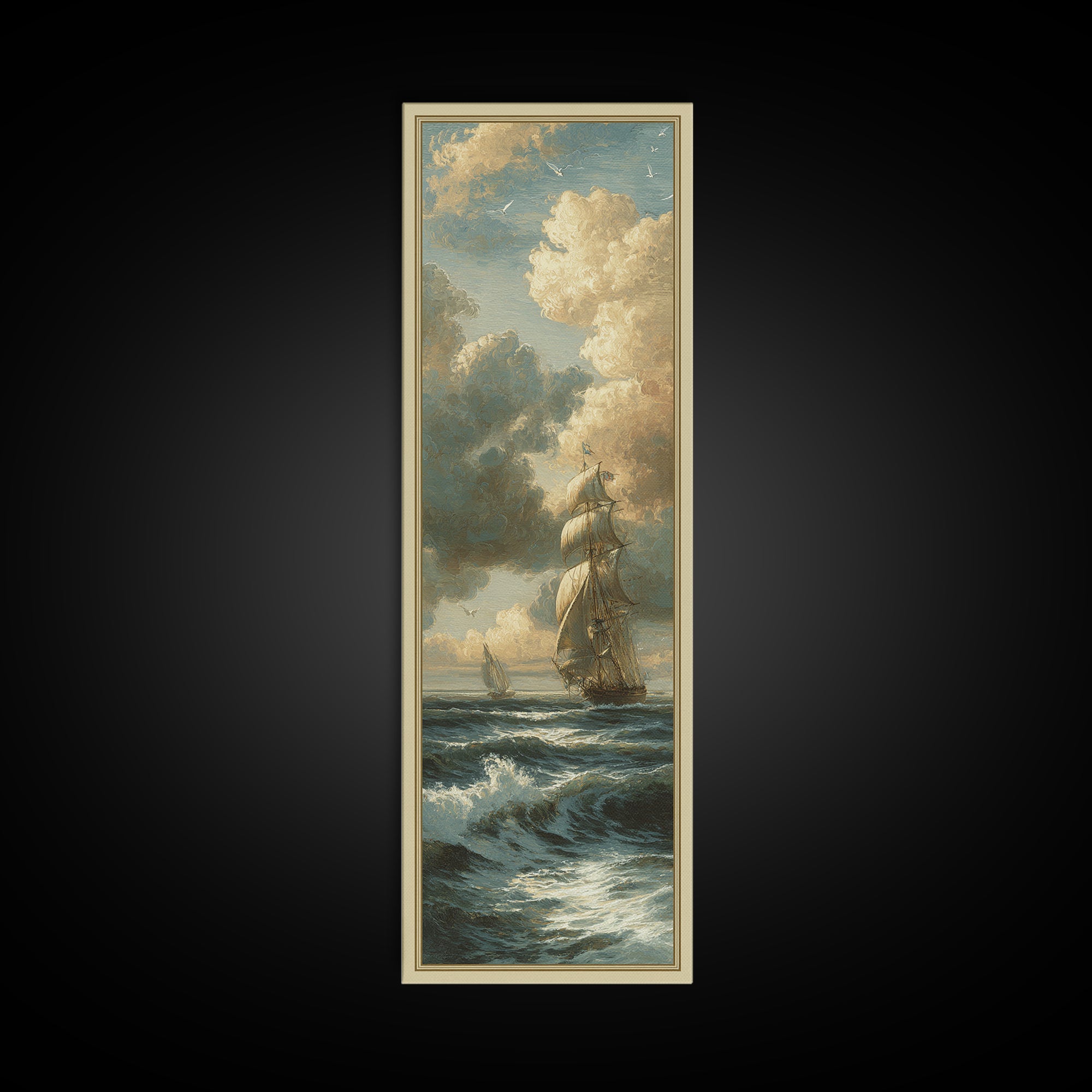 Classic Seascape with Dramatic Clouds Framed Canvas Print, Wall Art, Mid Century Modern, Living Room Decor, Abstract Art, WAL-1x3-15