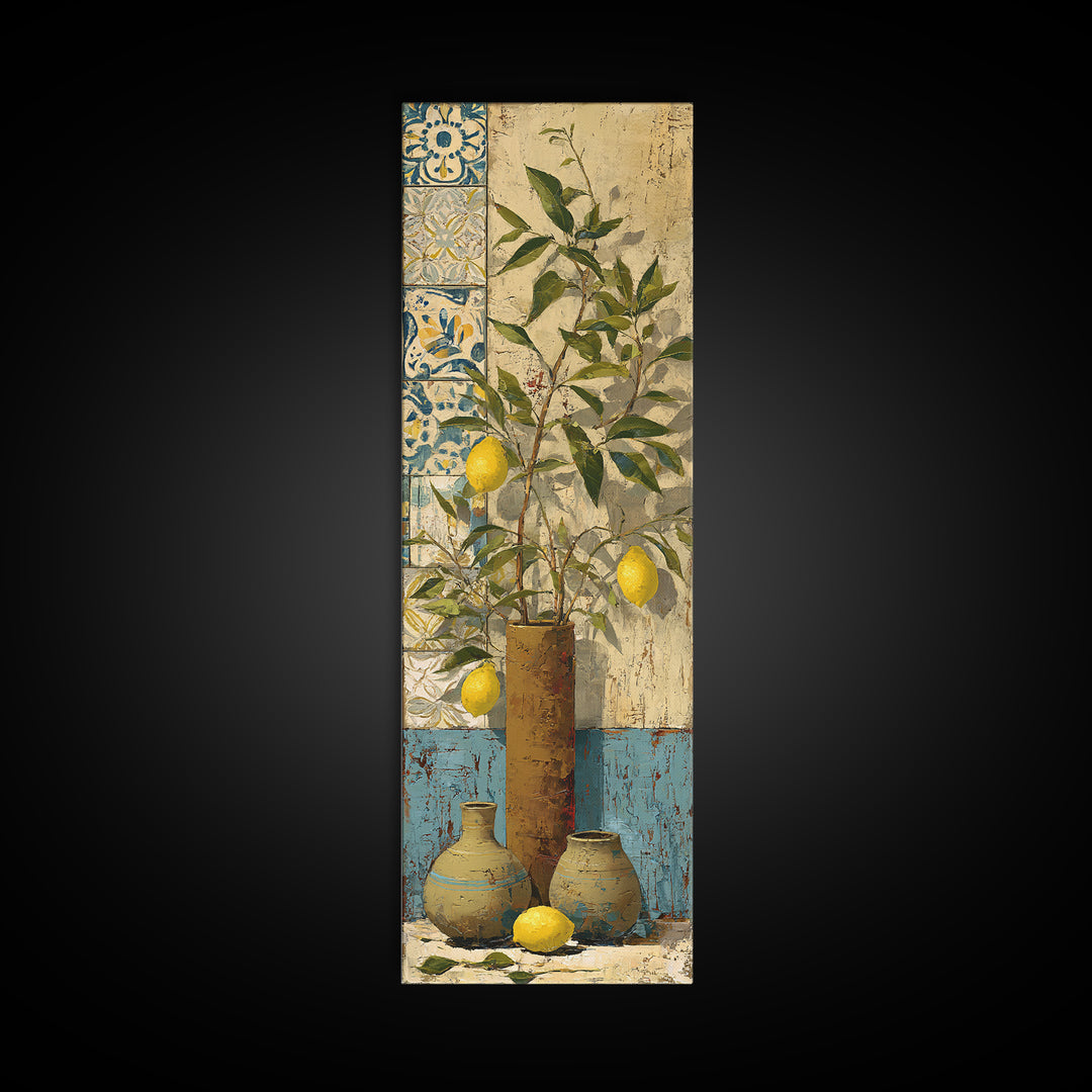 Mediterranean Lemon Branch Still Life Framed Canvas Print, Wall Art, Abstract Wall Art, Living Room Decor, Fine Art, WAL-1x3-34