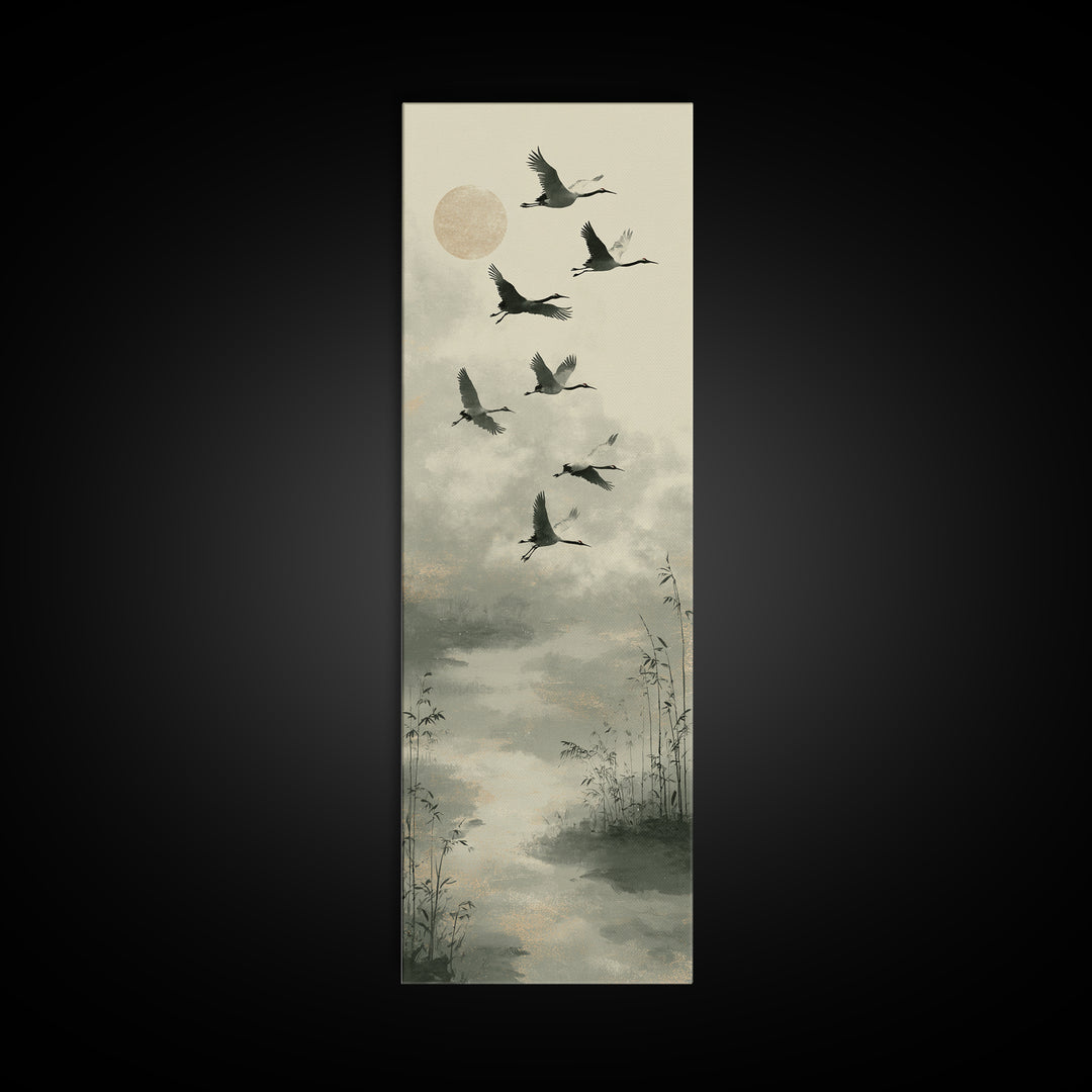 Monochrome Ink Crane Composition Canvas Print, Wall Art, Mid Century Modern, Living Room Decor, Abstract Art, WAL-1x3-60