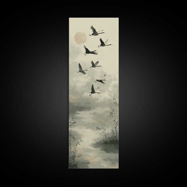 Monochrome Ink Crane Composition Canvas Print, Wall Art, Mid Century Modern, Living Room Decor, Abstract Art, WAL-1x3-60