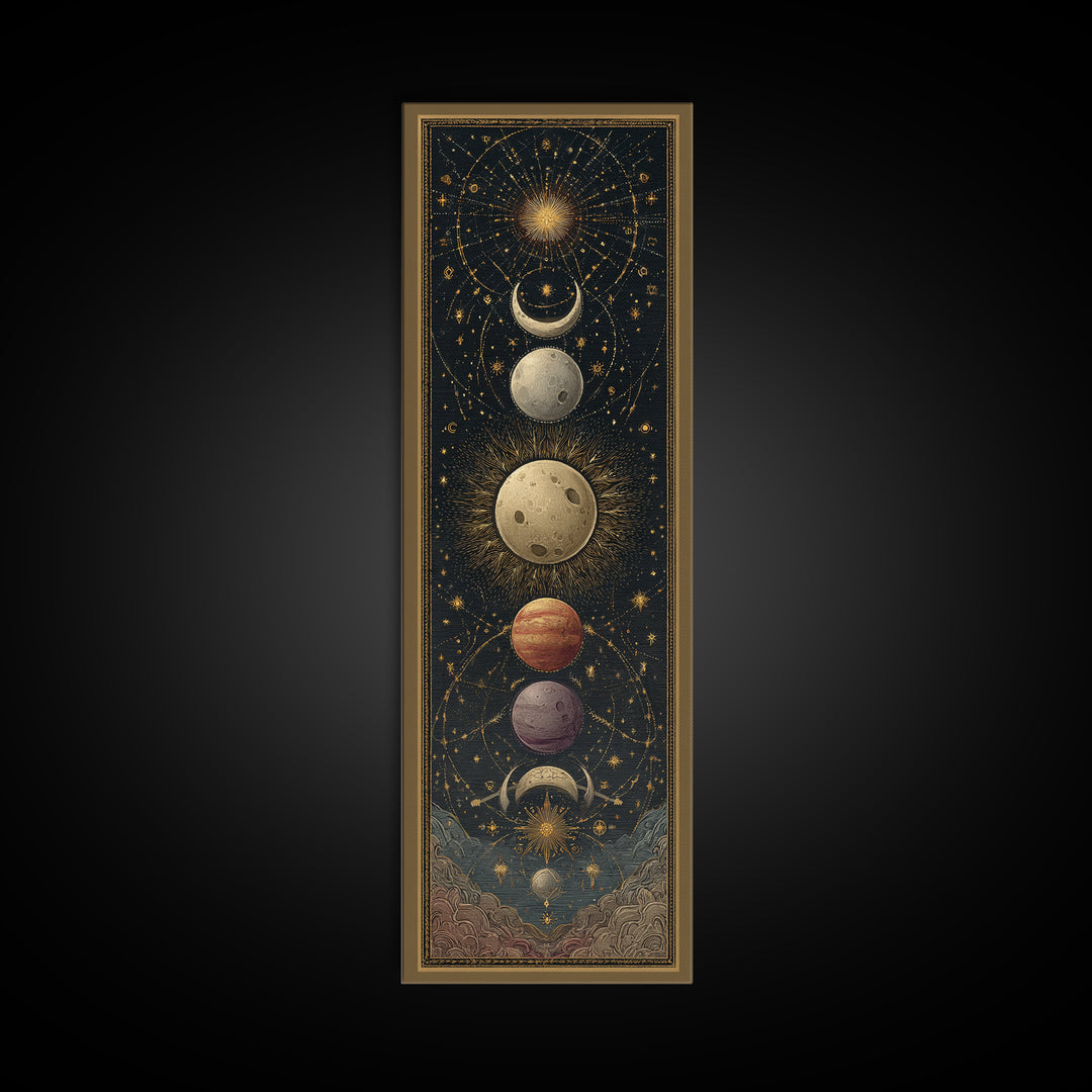Celestial Moon and Stars Artwork Framed Canvas Print, Wall Art, Fine Art Print, Living Room Decor, Fine Art, WAL-1x3-74