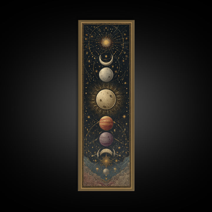 Celestial Moon and Stars Artwork Framed Canvas Print, Wall Art, Fine Art Print, Living Room Decor, Fine Art, WAL-1x3-74