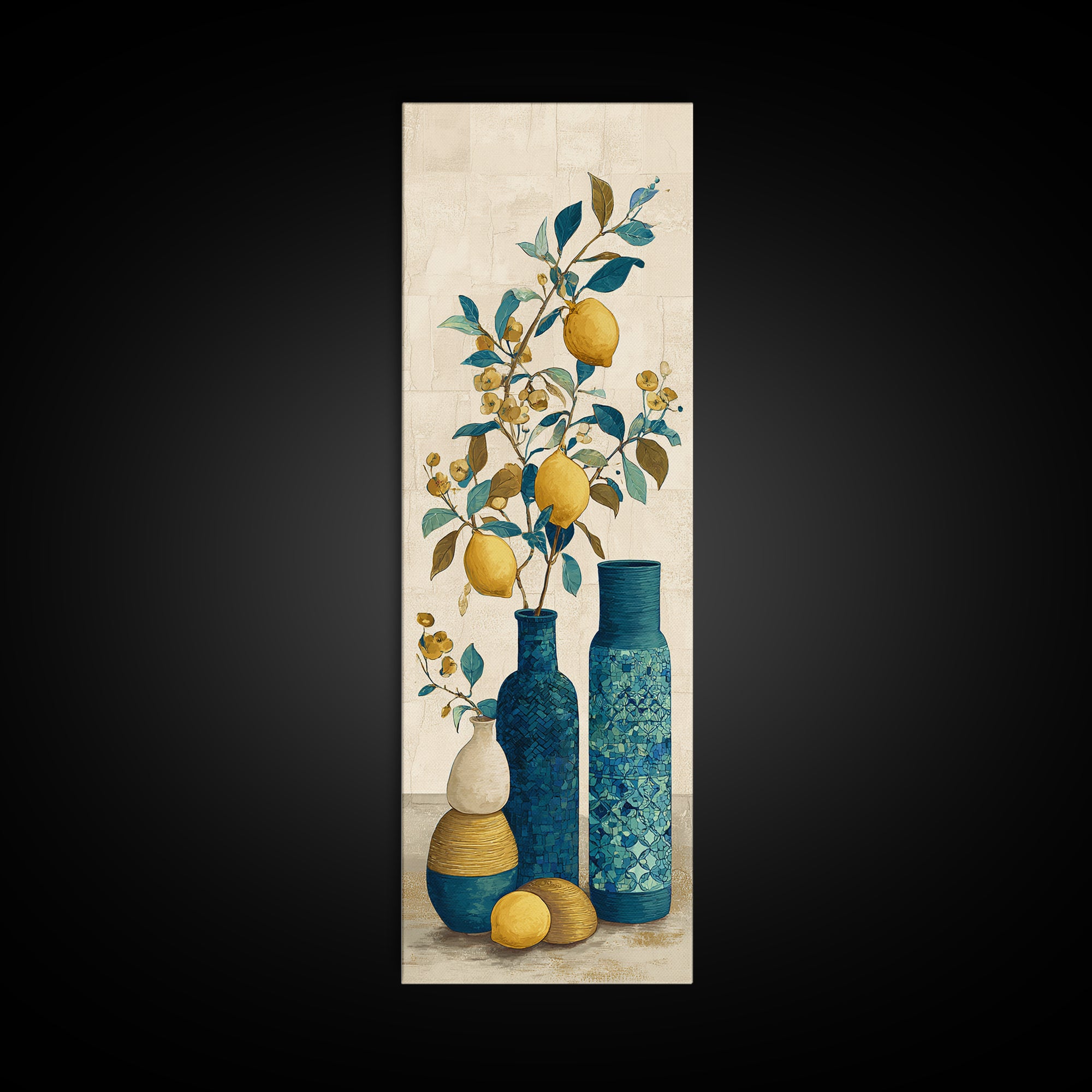 Mediterranean Lemon Branch Still Life Canvas Print, Wall Art, Boho Decor, Living Room Decor, Fine Art, Painting, WAL-1x3-82