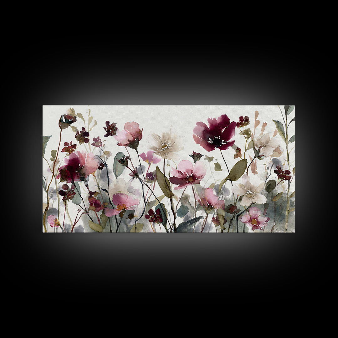 Impressionist Meadow of Wildflowers Framed Canvas Print, Wall Art, Painting, Living Room Decor, Watercolor Art, WAL-2x1-13