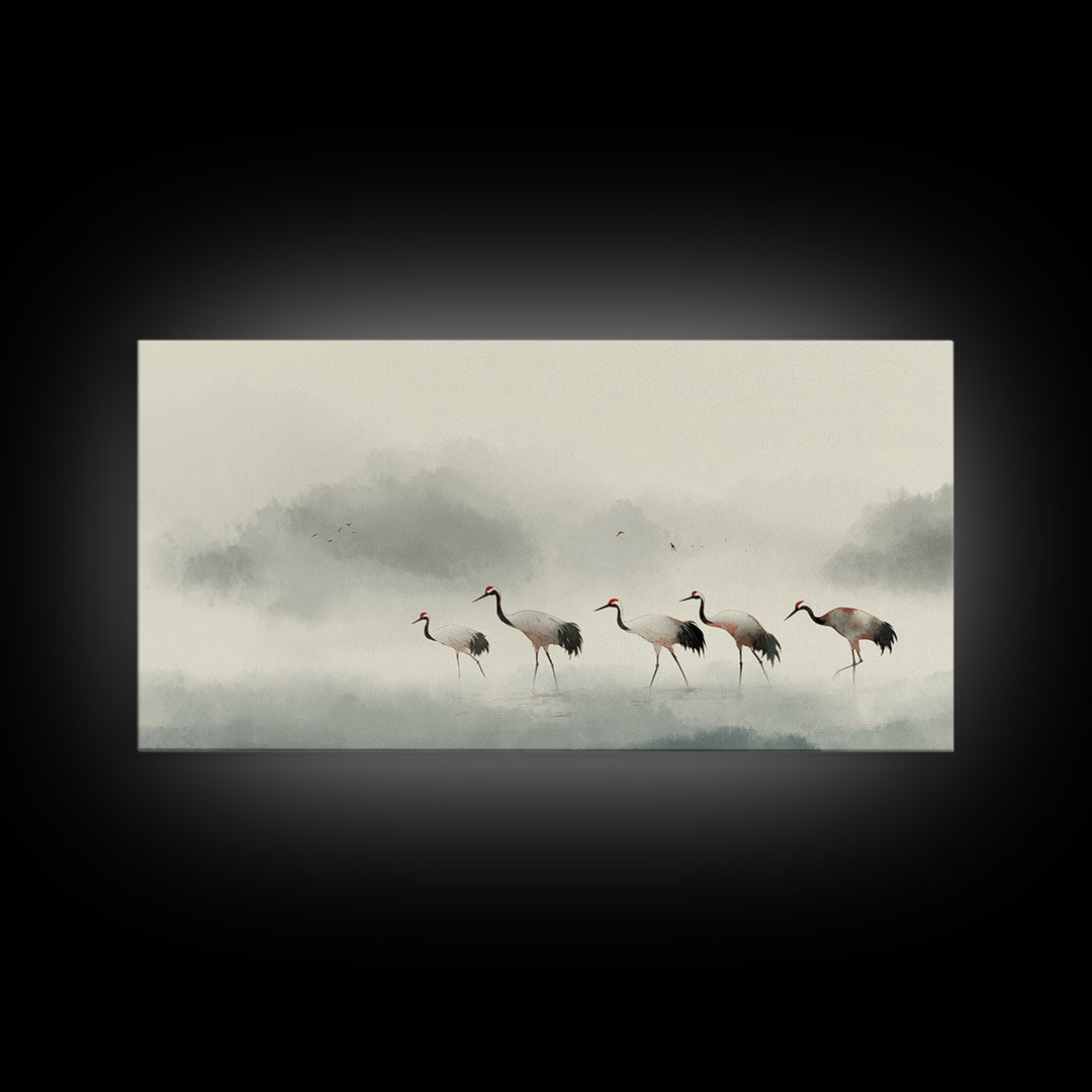 Monochrome Ink Crane Composition Framed Canvas Print, Wall Art, Statement Artwork, Living Room Decor, Fine Art, WAL-2x1-20