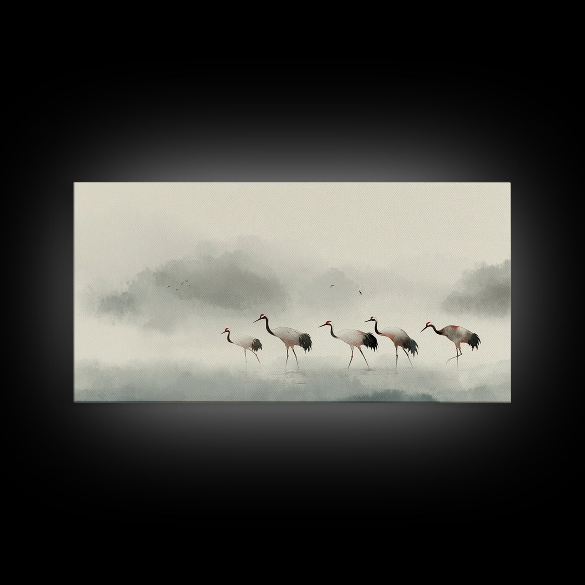 Monochrome Ink Crane Composition Framed Canvas Print, Wall Art, Statement Artwork, Living Room Decor, Fine Art, WAL-2x1-20