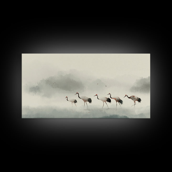 Monochrome Ink Crane Composition Framed Canvas Print, Wall Art, Statement Artwork, Living Room Decor, Fine Art, WAL-2x1-20