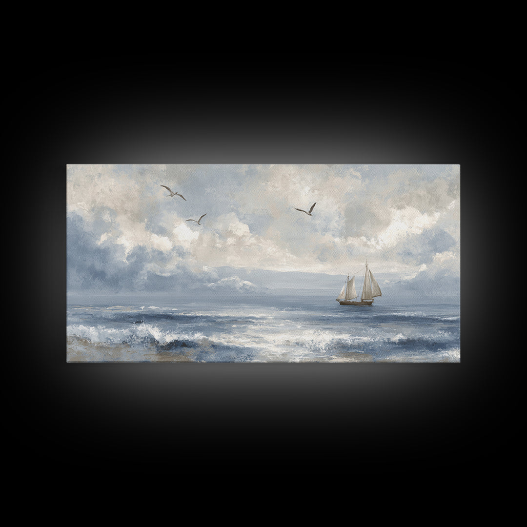 Classic Seascape with Dramatic Clouds Framed Canvas Print, Wall Art, Wall Hangings, Living Room Decor, Watercolor Art, WAL-2x1-23