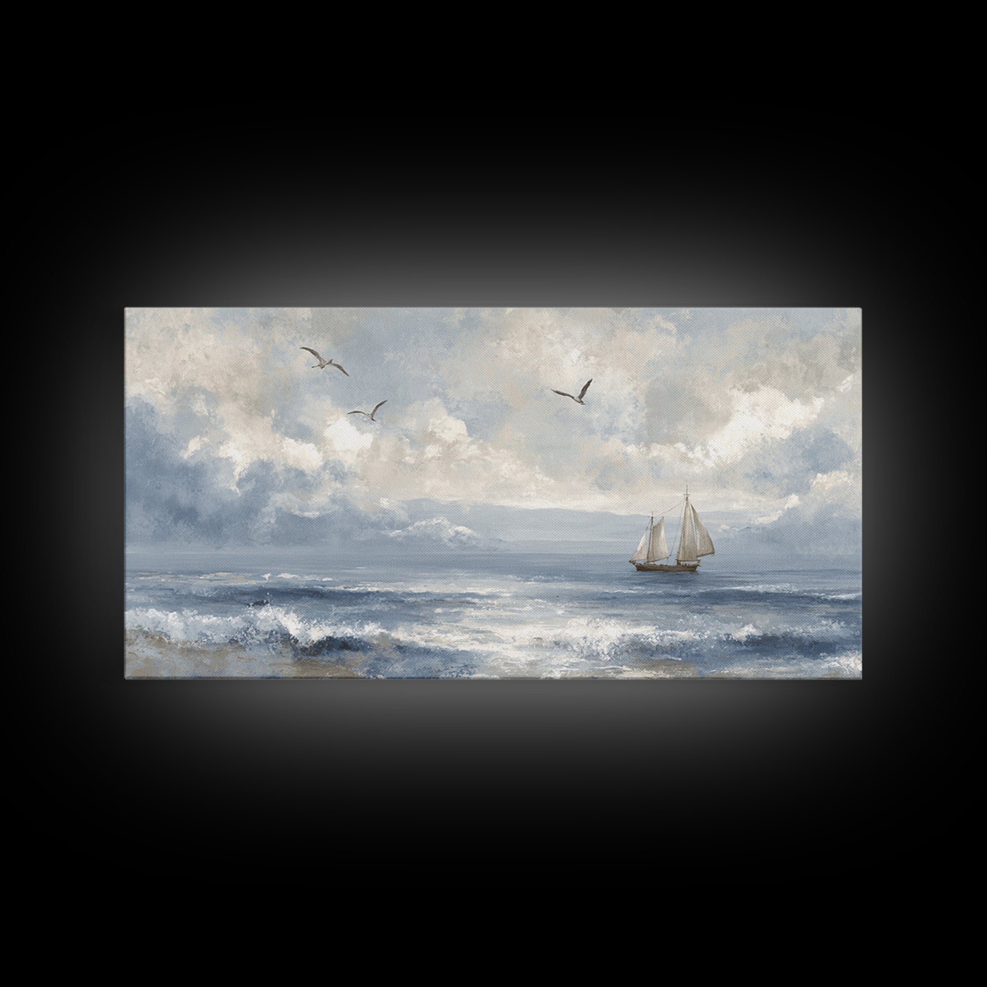 Classic Seascape with Dramatic Clouds Framed Canvas Print, Wall Art, Wall Hangings, Living Room Decor, Watercolor Art, WAL-2x1-23
