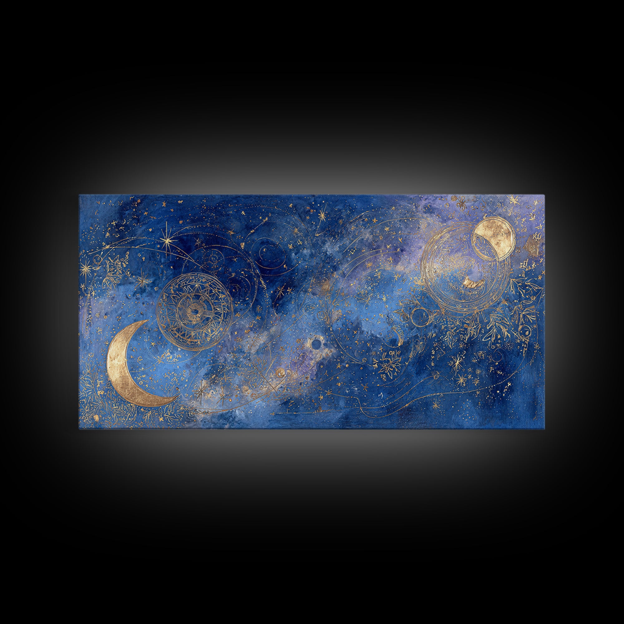 Celestial Moon and Stars Artwork Framed Canvas Print, Wall Art, Contemporary Art, Living Room Decor, Fine Art, WAL-2x1-34