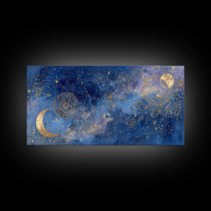 Celestial Moon and Stars Artwork Framed Canvas Print, Wall Art, Contemporary Art, Living Room Decor, Fine Art, WAL-2x1-34