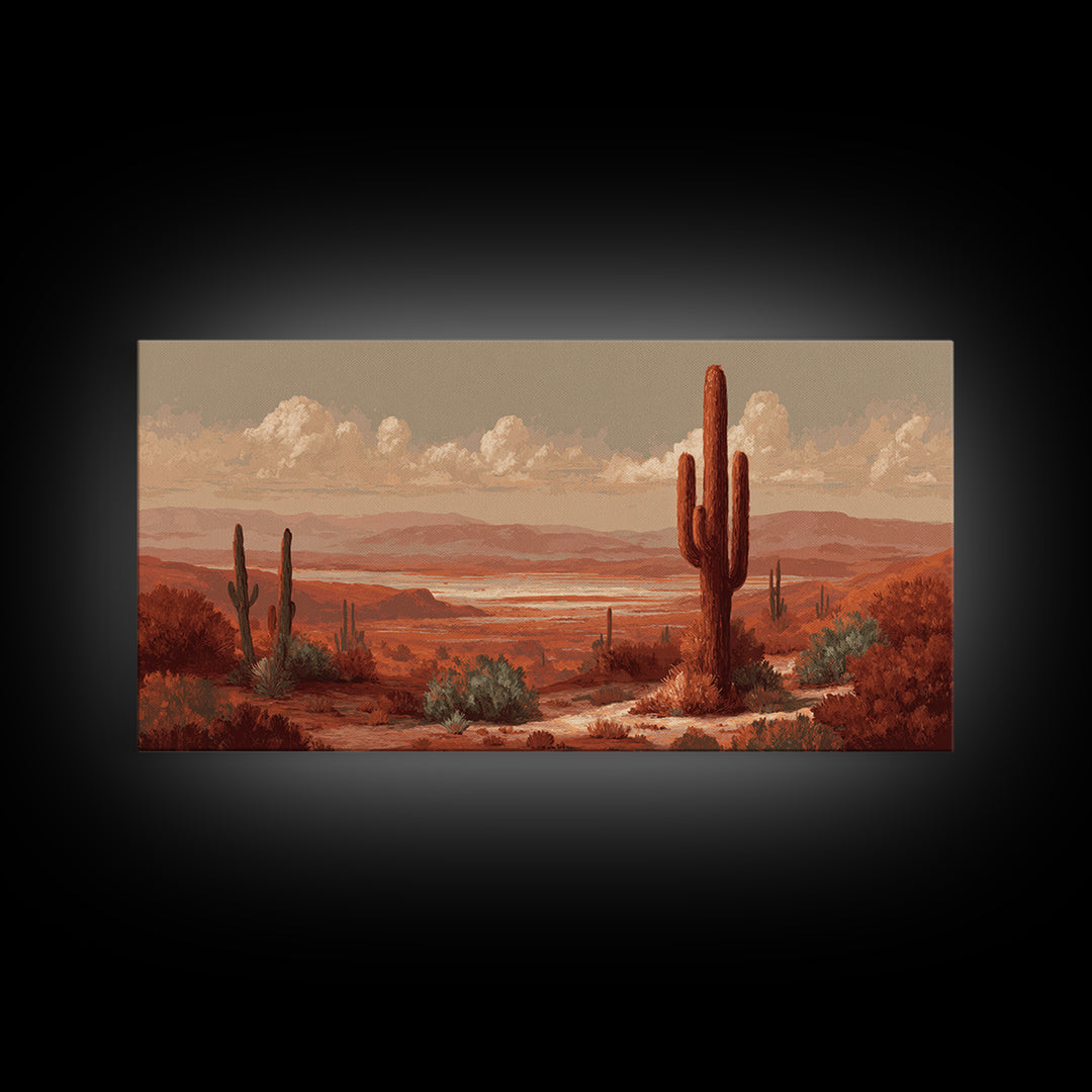 Desert Landscape in Warm Terracotta Tones Framed Canvas Print, Wall Art, Wall Clock, Living Room Decor, Watercolor Art, WAL-2x1-51