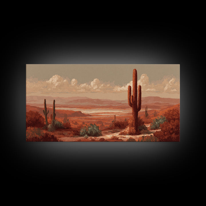 Desert Landscape in Warm Terracotta Tones Framed Canvas Print, Wall Art, Wall Clock, Living Room Decor, Watercolor Art, WAL-2x1-51