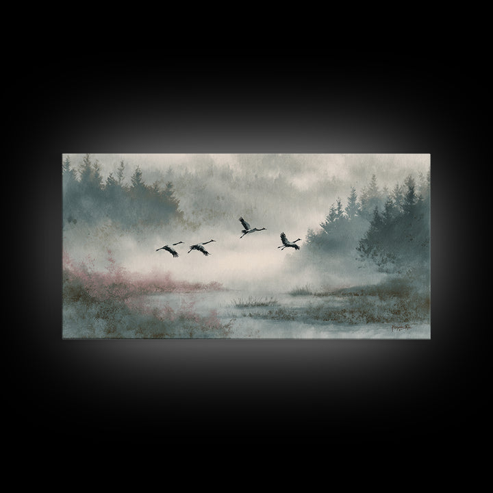 Monochrome Ink Crane Composition Canvas Print, Wall Art, Wall Hangings, Living Room Decor, Watercolor Art, Framed Wall Art, WAL-2x1-68