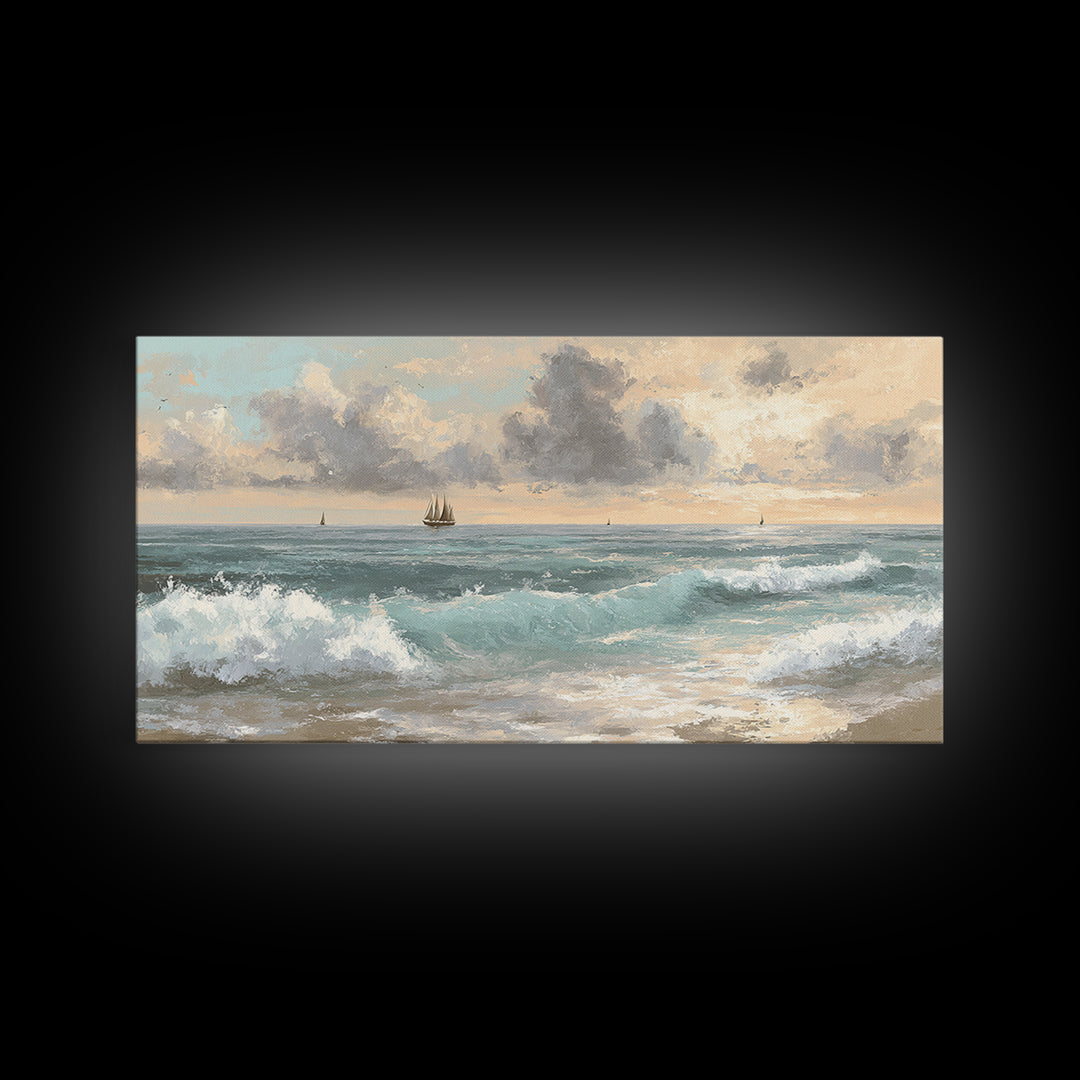Classic Seascape with Dramatic Clouds Canvas Print, Wall Art, Wood Wall Art, Living Room Decor, Abstract Art, WAL-2x1-71