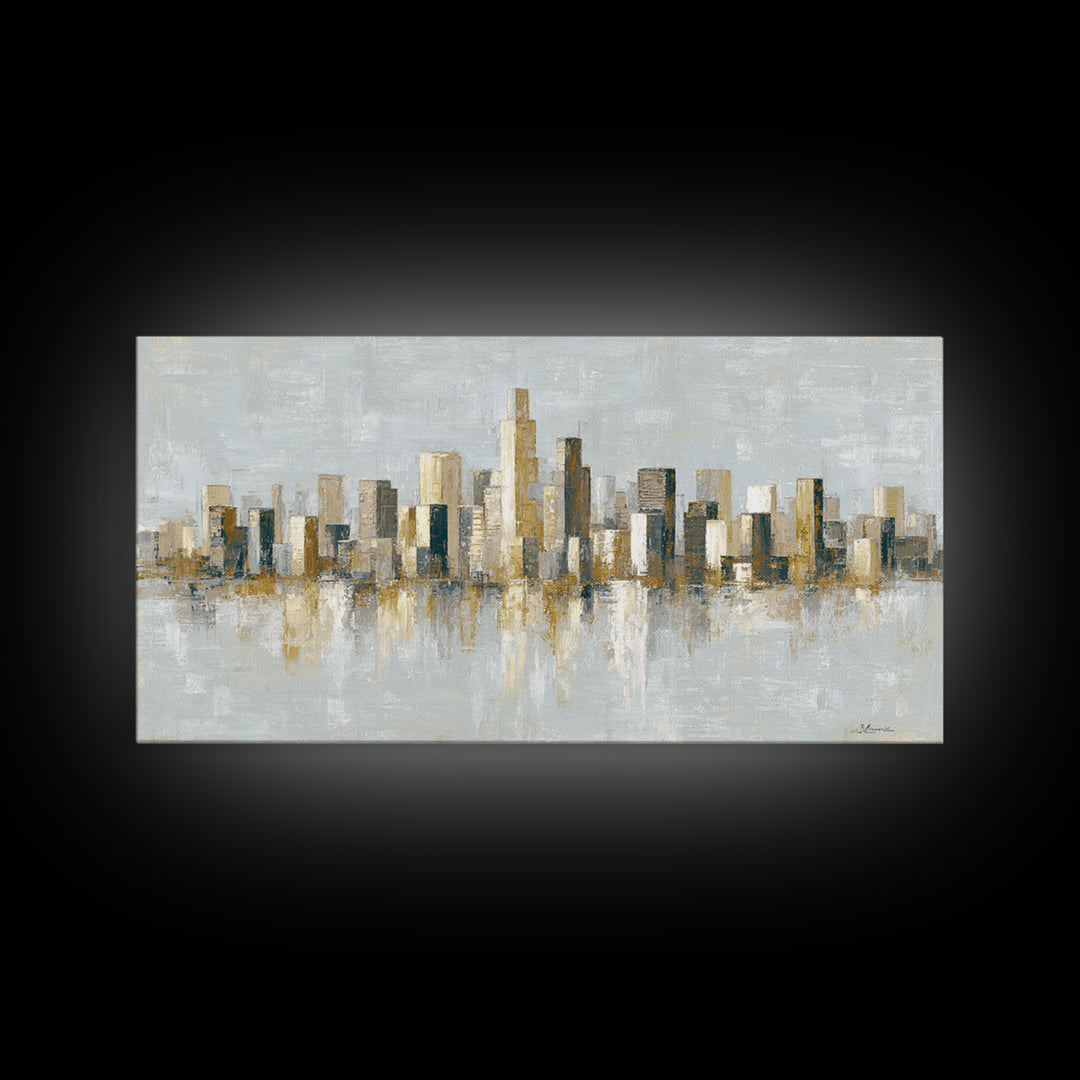 Urban Skyline in Muted Evening Color Framed Canvas Print, Wall Art, Art Print, Living Room Decor, Abstract Art, WAL-2x1-86
