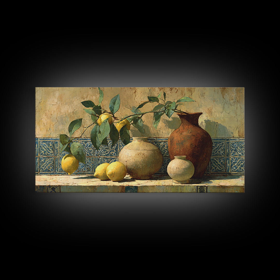 Mediterranean Lemon Branch Still Life Framed Canvas Print, Wall Art, Heart, Living Room Decor, Fine Art, Home Decor Gift, WAL-2x1-90