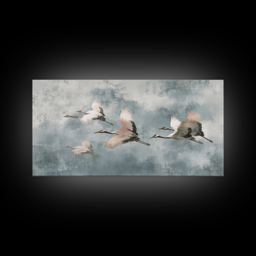 Monochrome Ink Crane Composition Framed Canvas Print, Wall Art, Wall Art for Mom, Living Room Decor, Oil Painting, WAL-2x1-92