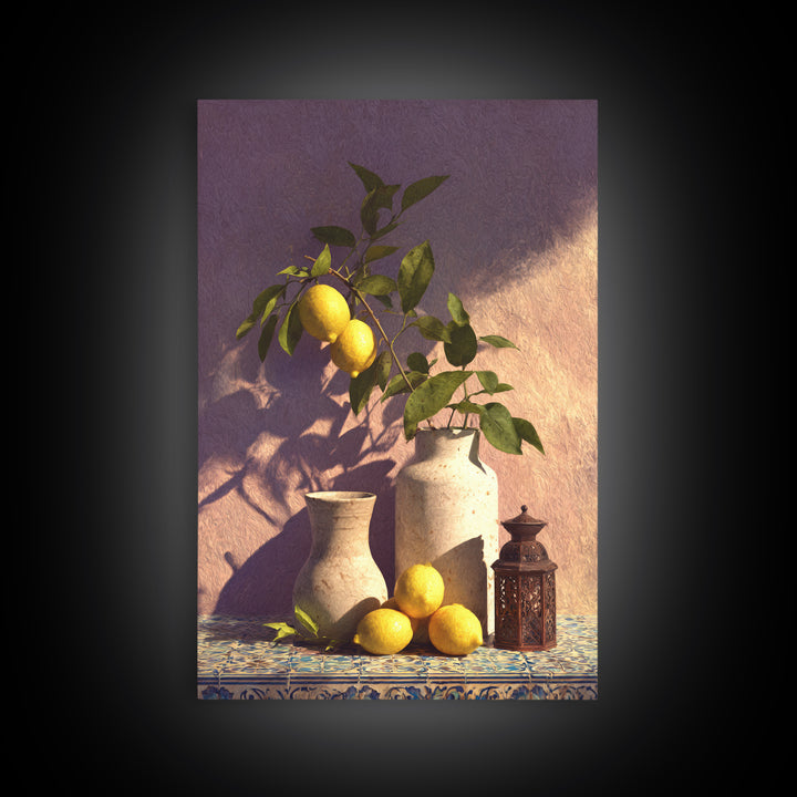 Mediterranean Lemon Branch Still Life Framed Canvas Print, Wall Art, Minimalist Decor, Living Room Decor, Oil Painting, WAL-2x3-30