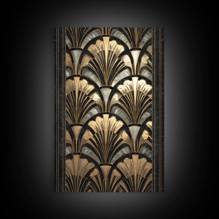 Art Deco Gold Fan Pattern Framed Canvas Print, Wall Art, Contemporary Art, Living Room Decor, Fine Art, Mid Century Modern, WAL-2x3-4