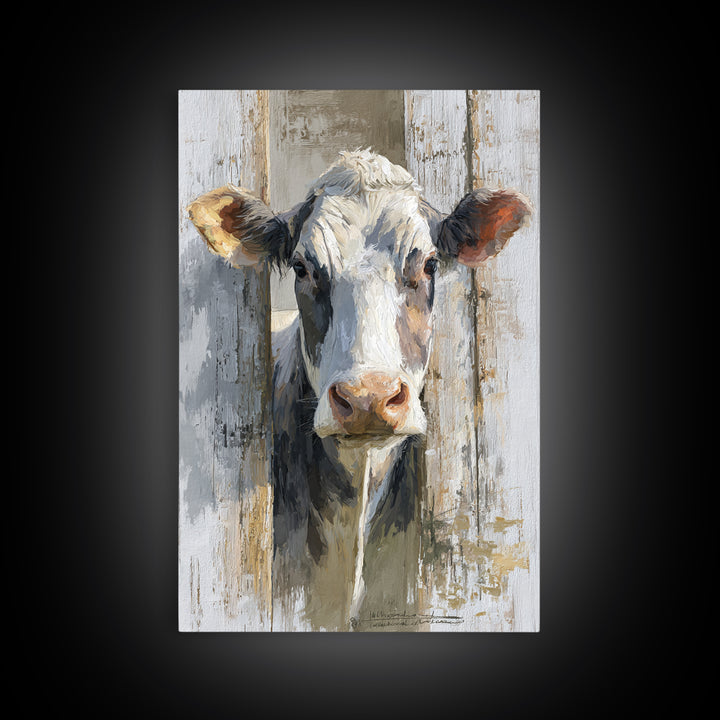 Rustic Farmhouse Cow Portrait Framed Canvas Print, Wall Art, Heart, Living Room Decor, Fine Art, Home Decor Gift, WAL-2x3-51