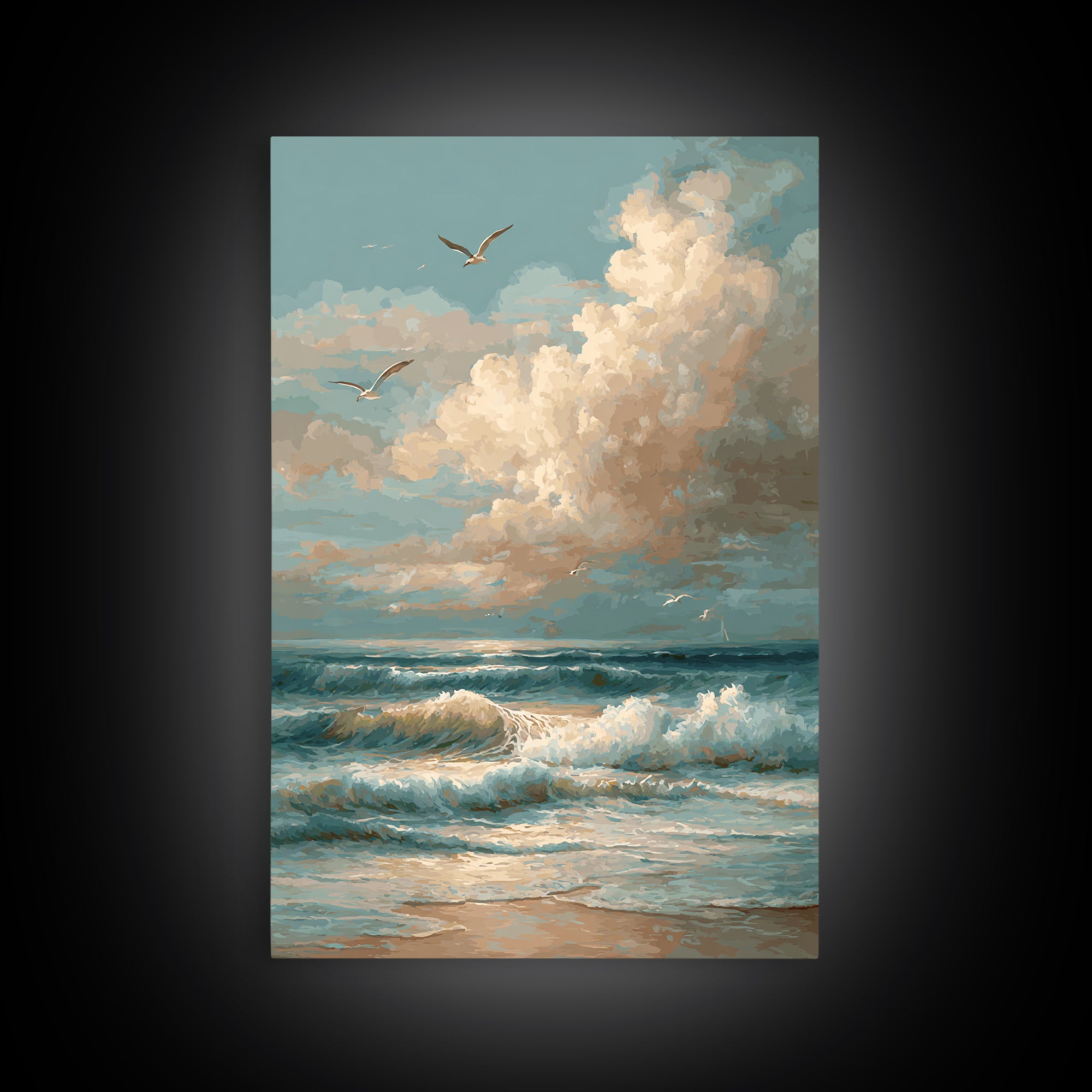 Classic Seascape with Dramatic Clouds Framed Canvas Print, Wall Art, Wall Art for Mom, Living Room Decor, Oil Painting, WAL-2x3-59