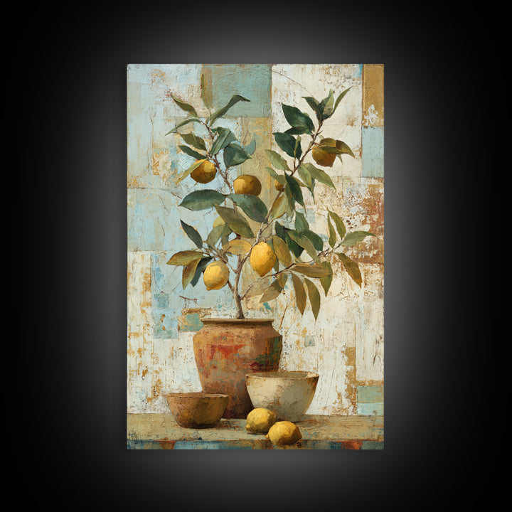 Mediterranean Lemon Branch Still Life Framed Canvas Print, Wall Art, Minimalist Decor, Living Room Decor, Oil Painting, WAL-2x3-6
