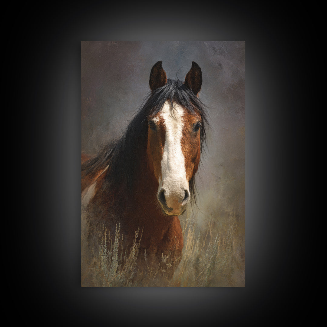Wild Horse Portrait Framed Canvas Print, Wall Art, Wall Hanging, Living Room Decor, Fine Art, Gallery Decor, WAL-2x3-69