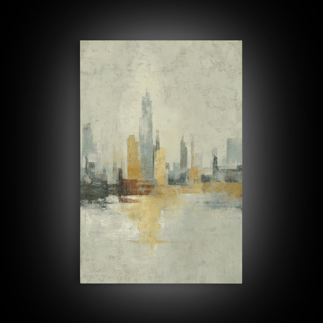 Urban Skyline in Muted Evening Color Framed Canvas Print, Wall Art, Wall Hangings, Living Room Decor, Abstract Art, WAL-2x3-74