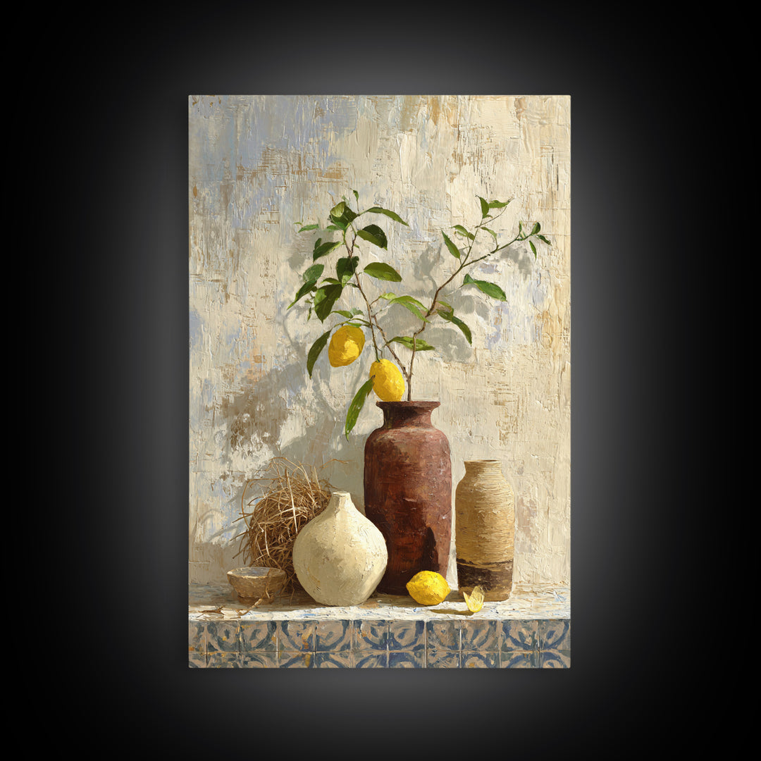 Mediterranean Lemon Branch Still Life Framed Canvas Print, Wall Art, Canvas, Living Room Decor, Watercolor Art, WAL-2x3-78