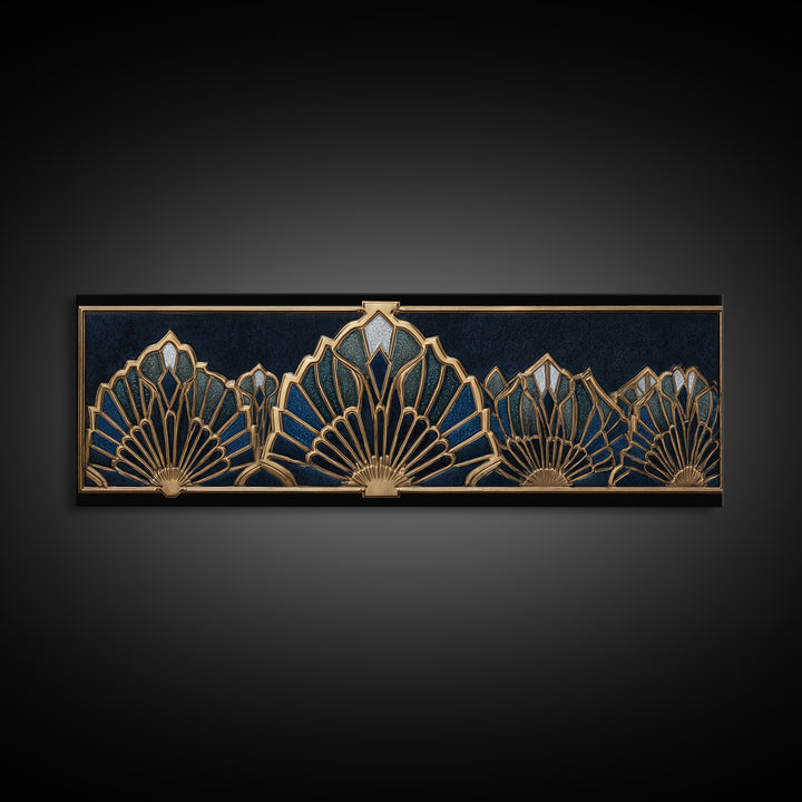 Art Deco Gold Fan Pattern Framed Canvas Print, Wall Art, Digital Print, Living Room Decor, Fine Art, Luxury Decor, WAL-3x1-12