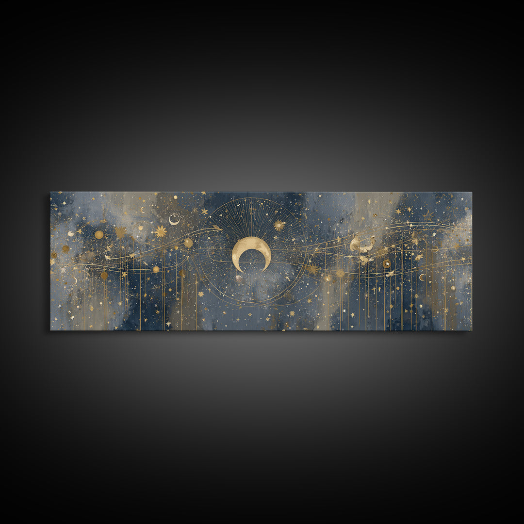 Celestial Moon and Stars Artwork Canvas Print, Wall Art, Painting, Living Room Decor, Fine Art, Art Deco, Wall Hanging, WAL-3x1-30