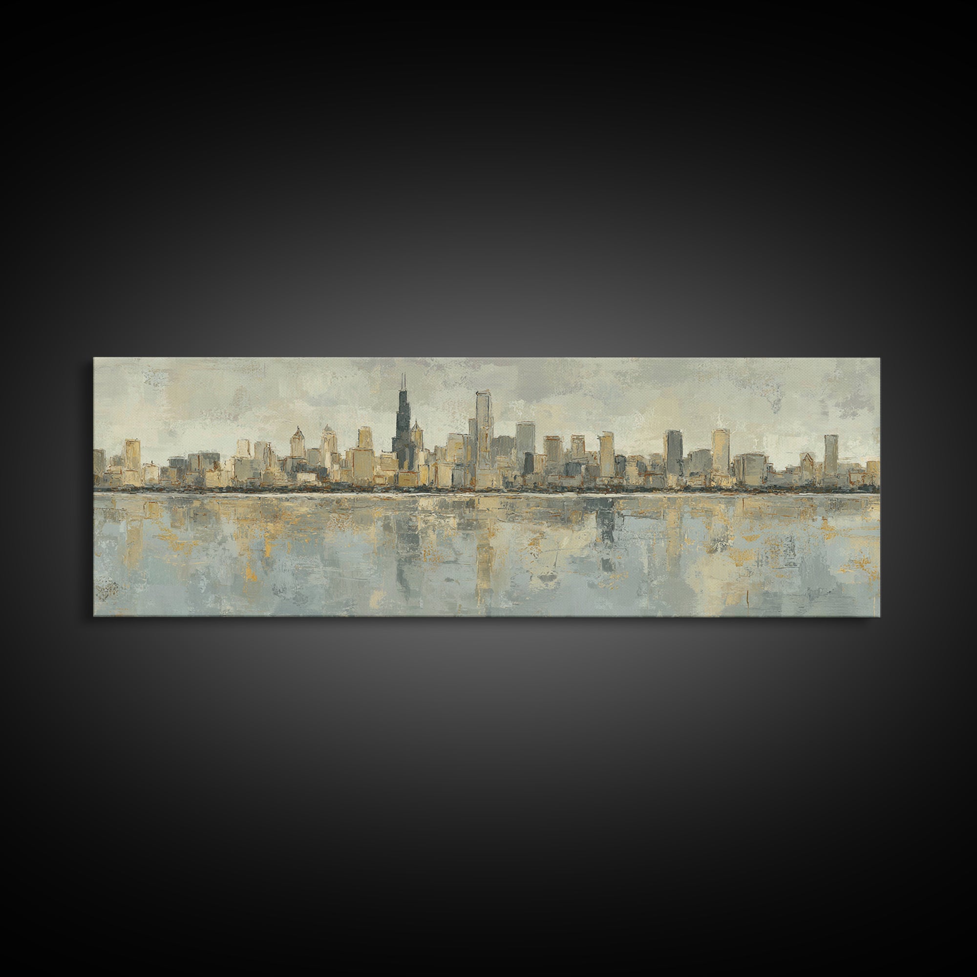 Urban Skyline in Muted Evening Color Framed Canvas Print, Wall Art, Art Deco, Living Room Decor, Fine Art, Abstract Wall Art, WAL-3x1-58