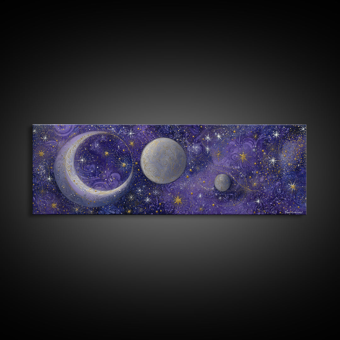 Celestial Moon and Stars Artwork Canvas Print, Wall Art, Digital Print, Living Room Decor, Fine Art, Luxury Decor, WAL-3x1-6