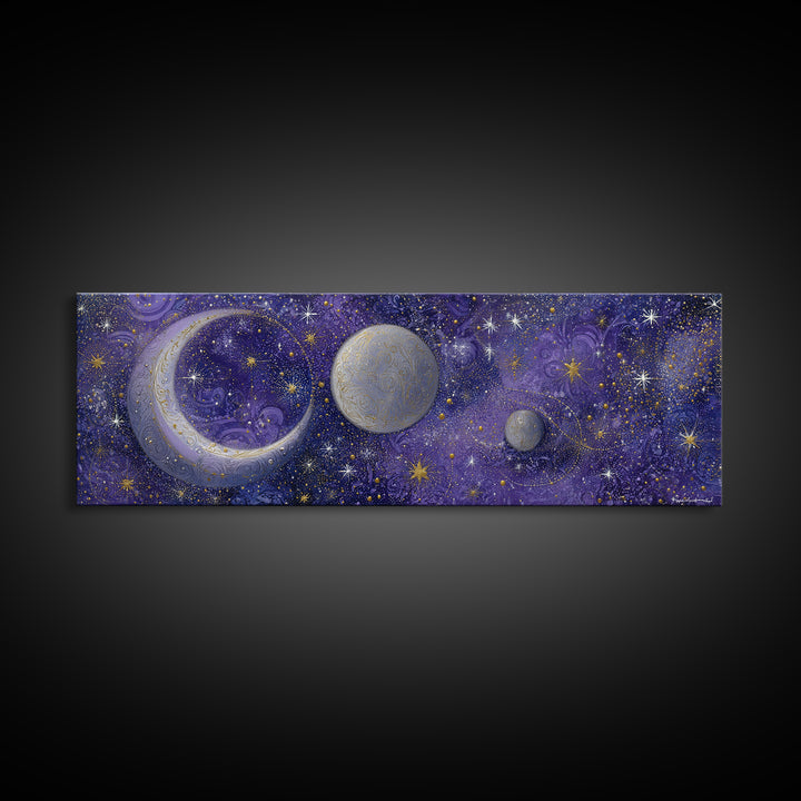 Celestial Moon and Stars Artwork Canvas Print, Wall Art, Digital Print, Living Room Decor, Fine Art, Luxury Decor, WAL-3x1-6